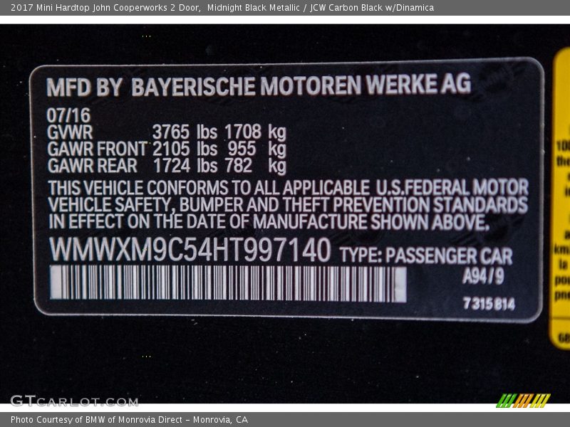 2017 Hardtop John Cooperworks 2 Door Midnight Black Metallic Color Code A94