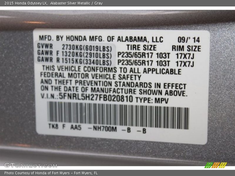 Alabaster Silver Metallic / Gray 2015 Honda Odyssey LX