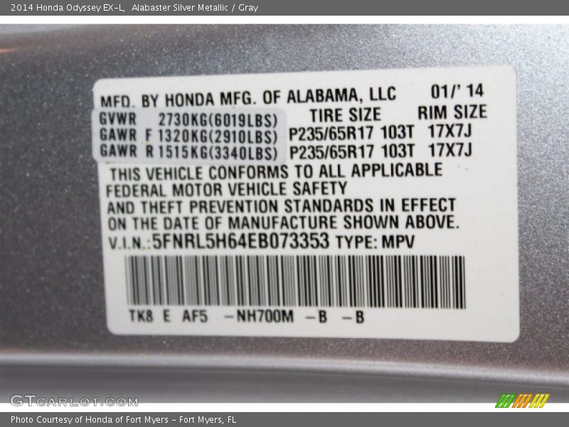 Alabaster Silver Metallic / Gray 2014 Honda Odyssey EX-L