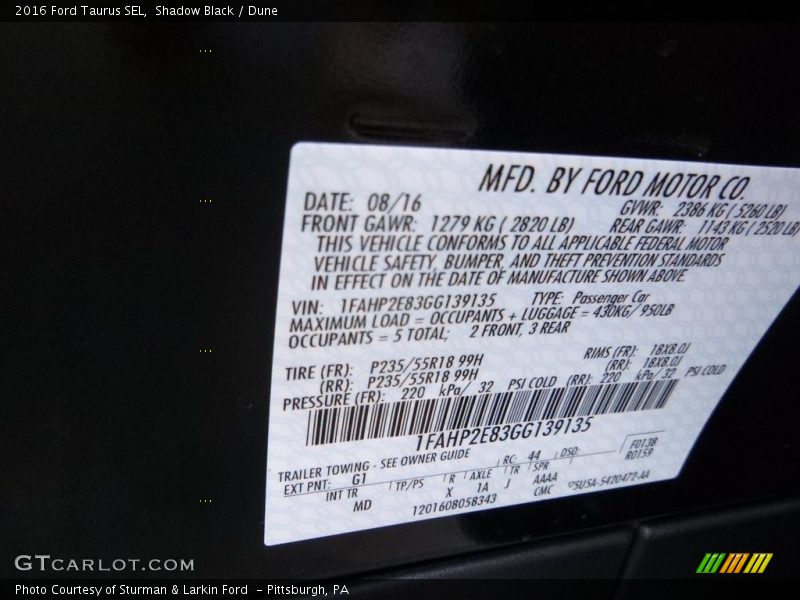 Shadow Black / Dune 2016 Ford Taurus SEL