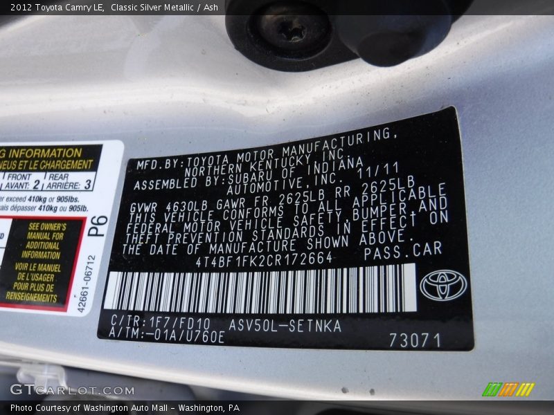 Classic Silver Metallic / Ash 2012 Toyota Camry LE
