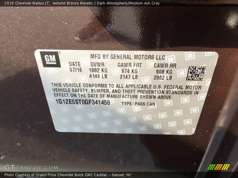Autumn Bronze Metallic / Dark Atmosphere/Medium Ash Gray 2016 Chevrolet Malibu LT