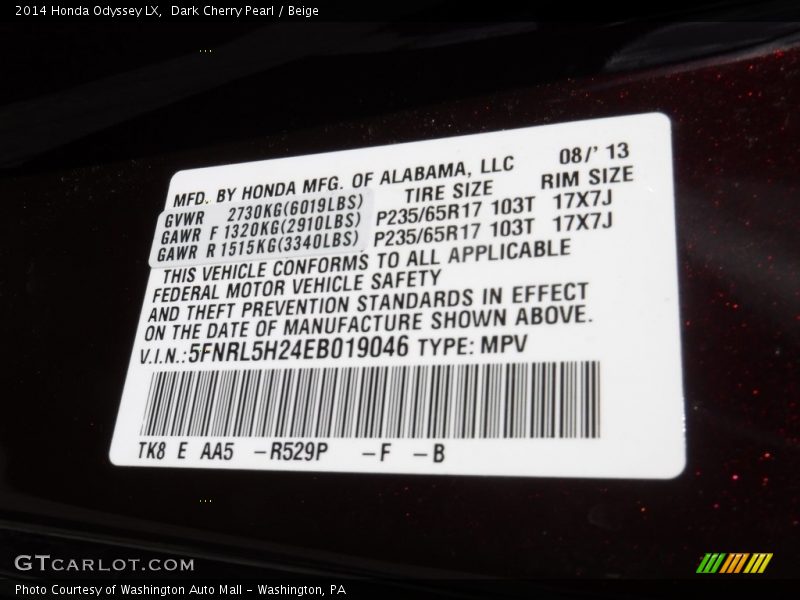Dark Cherry Pearl / Beige 2014 Honda Odyssey LX