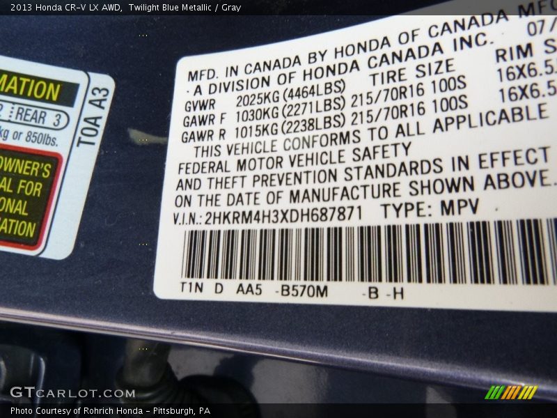 Twilight Blue Metallic / Gray 2013 Honda CR-V LX AWD
