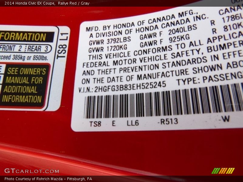 Rallye Red / Gray 2014 Honda Civic EX Coupe