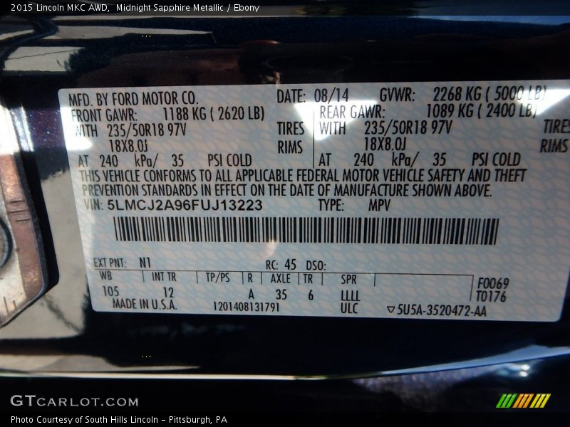 Midnight Sapphire Metallic / Ebony 2015 Lincoln MKC AWD