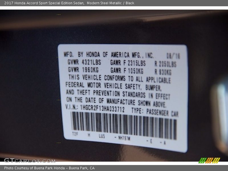 2017 Accord Sport Special Edition Sedan Modern Steel Metallic Color Code NH797M