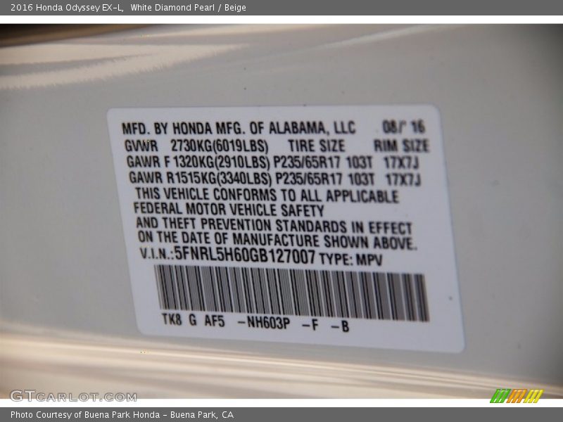 White Diamond Pearl / Beige 2016 Honda Odyssey EX-L