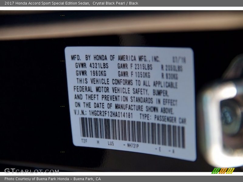 2017 Accord Sport Special Edition Sedan Crystal Black Pearl Color Code NH731P