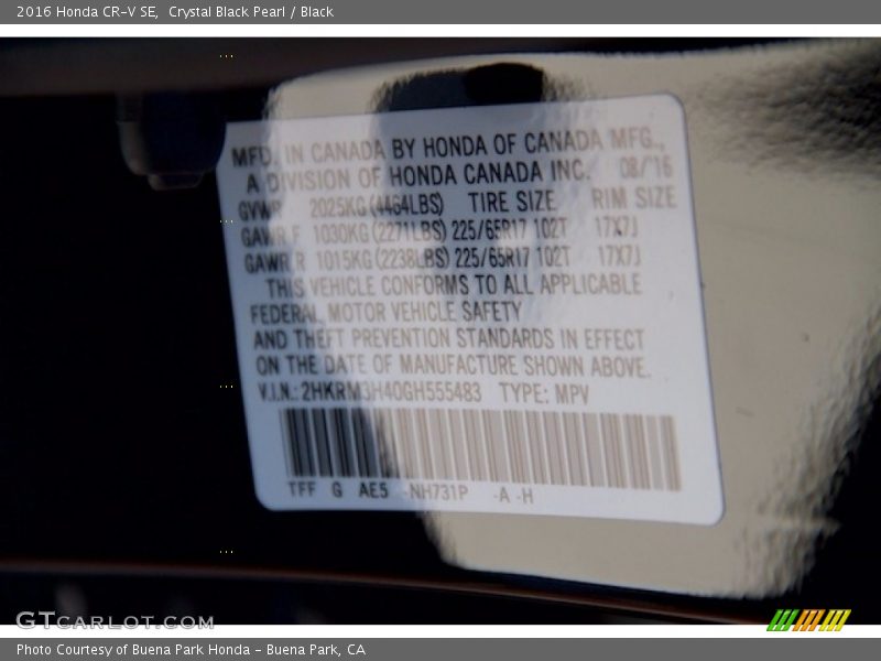 Crystal Black Pearl / Black 2016 Honda CR-V SE