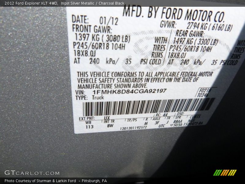 Ingot Silver Metallic / Charcoal Black 2012 Ford Explorer XLT 4WD