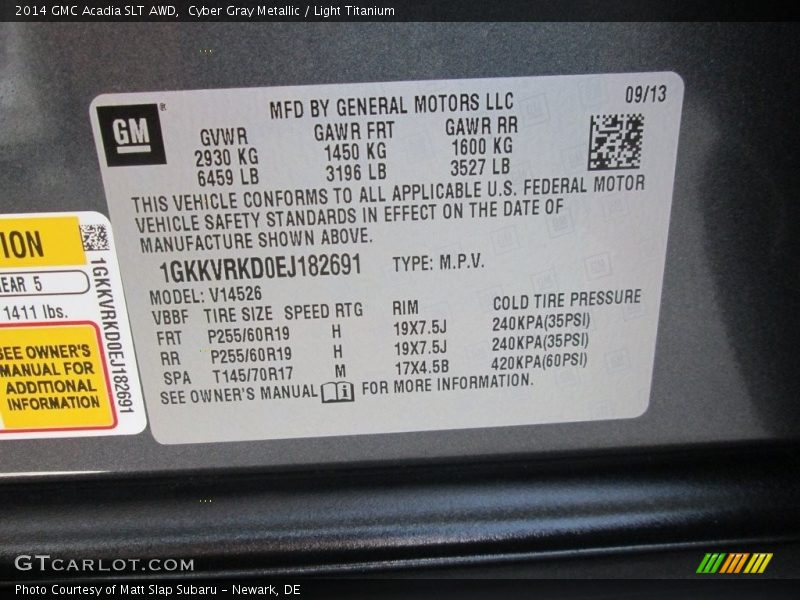 Cyber Gray Metallic / Light Titanium 2014 GMC Acadia SLT AWD