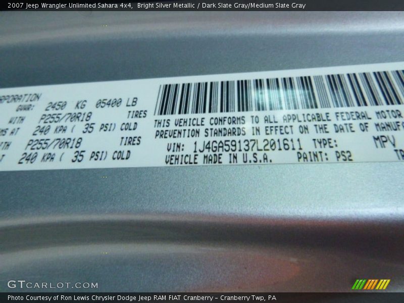 Bright Silver Metallic / Dark Slate Gray/Medium Slate Gray 2007 Jeep Wrangler Unlimited Sahara 4x4