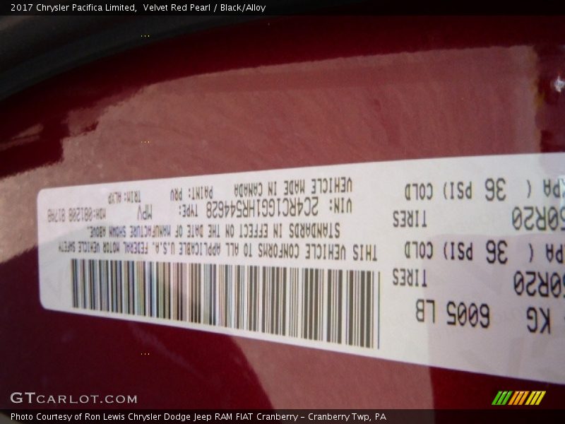 Velvet Red Pearl / Black/Alloy 2017 Chrysler Pacifica Limited