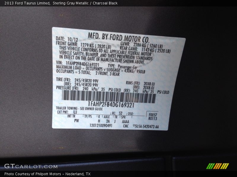 Sterling Gray Metallic / Charcoal Black 2013 Ford Taurus Limited