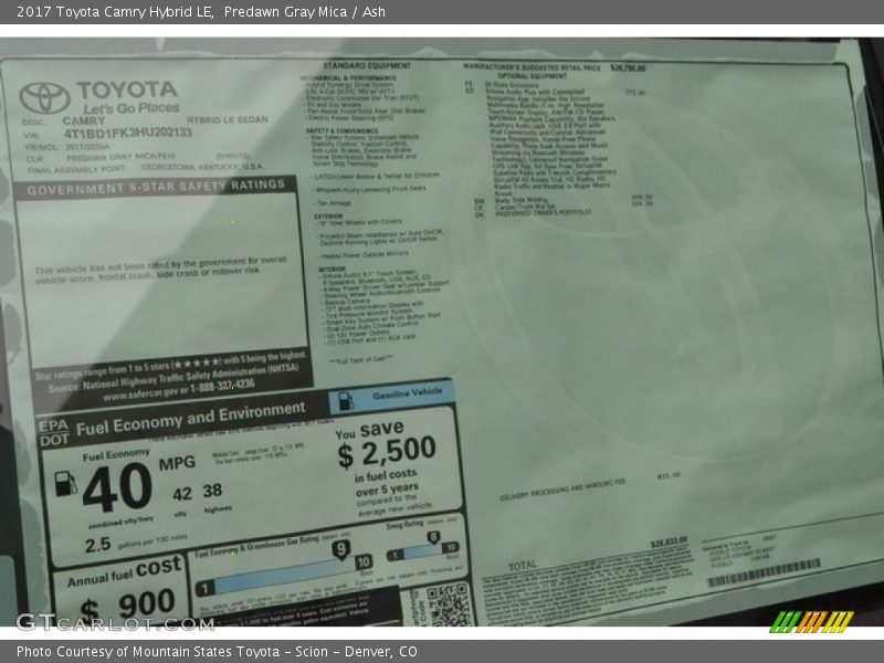  2017 Camry Hybrid LE Window Sticker