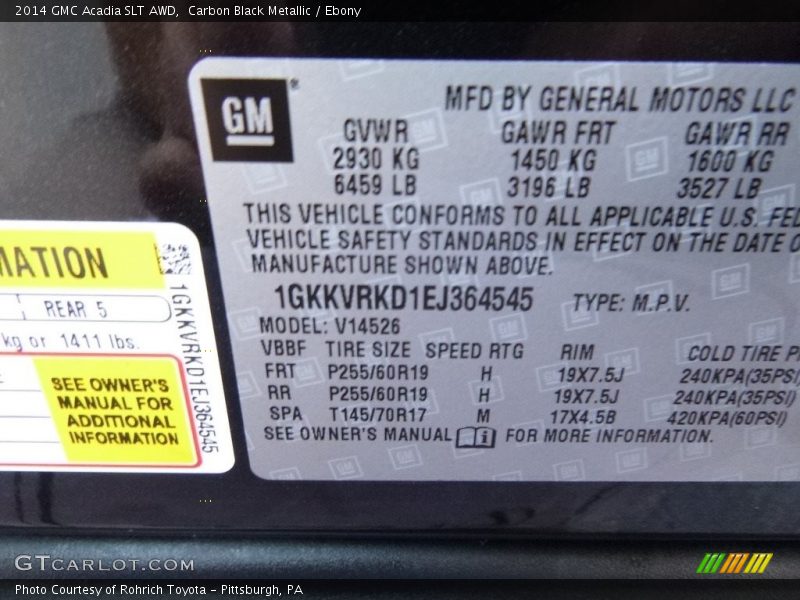 Carbon Black Metallic / Ebony 2014 GMC Acadia SLT AWD