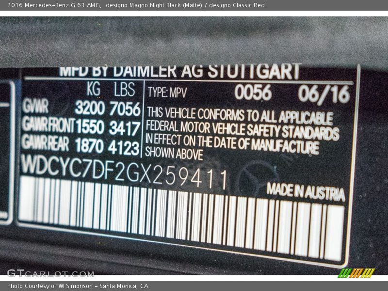 2016 G 63 AMG designo Magno Night Black (Matte) Color Code 0056