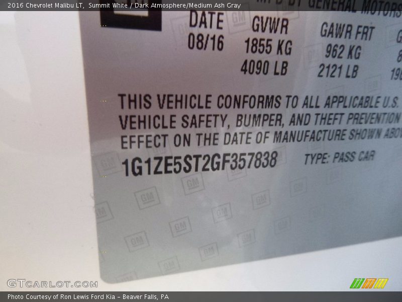 Summit White / Dark Atmosphere/Medium Ash Gray 2016 Chevrolet Malibu LT