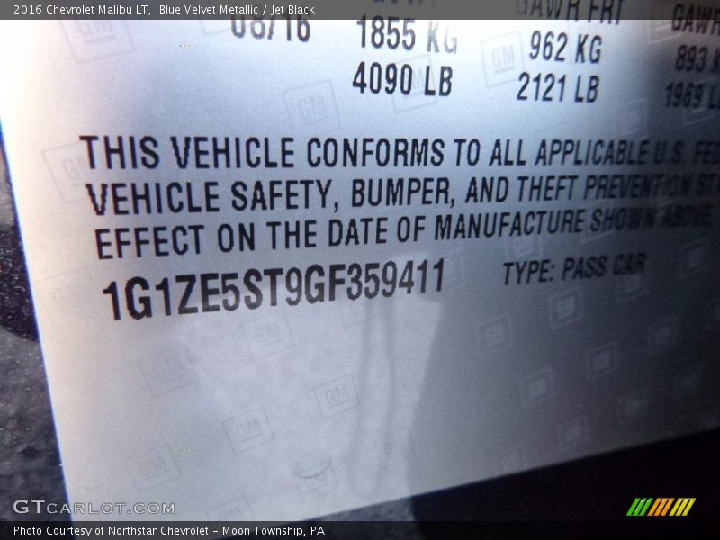 Blue Velvet Metallic / Jet Black 2016 Chevrolet Malibu LT