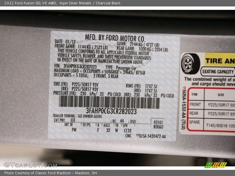 Ingot Silver Metallic / Charcoal Black 2012 Ford Fusion SEL V6 AWD