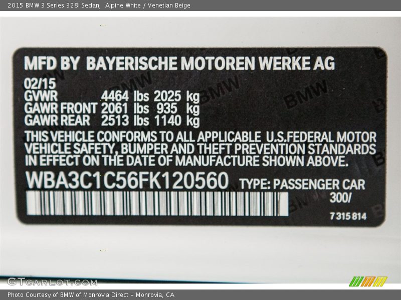 Alpine White / Venetian Beige 2015 BMW 3 Series 328i Sedan