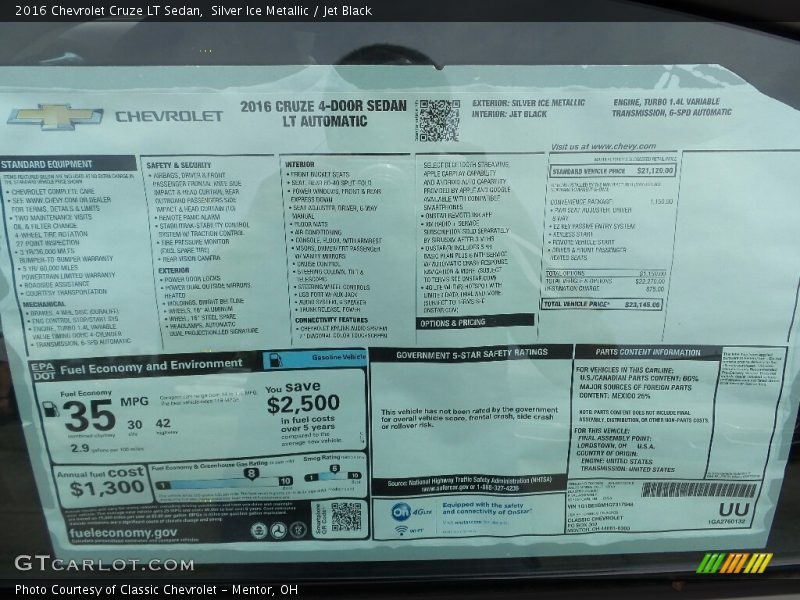 Silver Ice Metallic / Jet Black 2016 Chevrolet Cruze LT Sedan