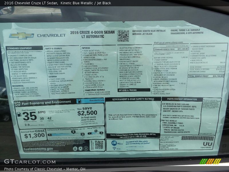 Kinetic Blue Metallic / Jet Black 2016 Chevrolet Cruze LT Sedan