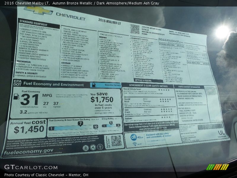 Autumn Bronze Metallic / Dark Atmosphere/Medium Ash Gray 2016 Chevrolet Malibu LT
