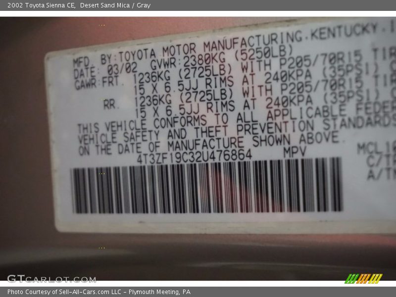 Desert Sand Mica / Gray 2002 Toyota Sienna CE