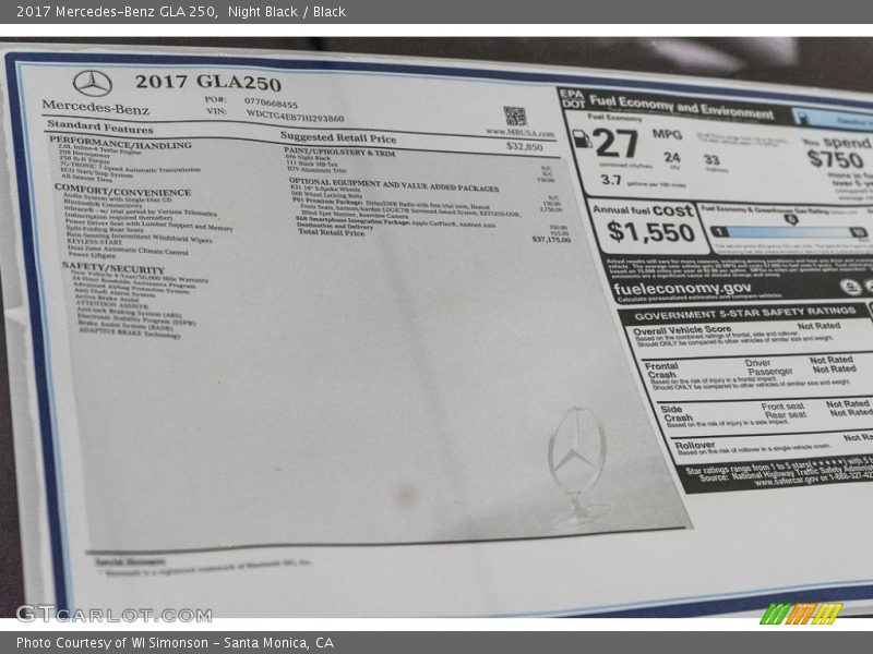  2017 GLA 250 Window Sticker