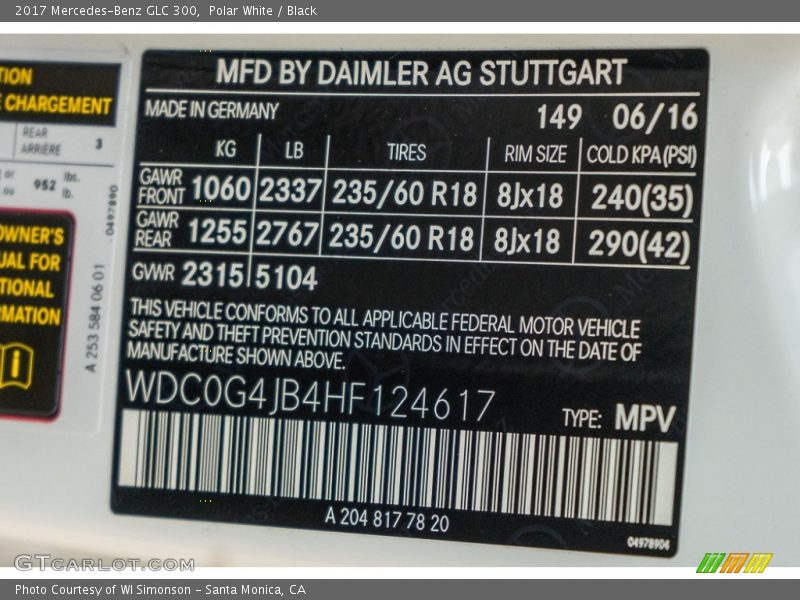 2017 GLC 300 Polar White Color Code 149