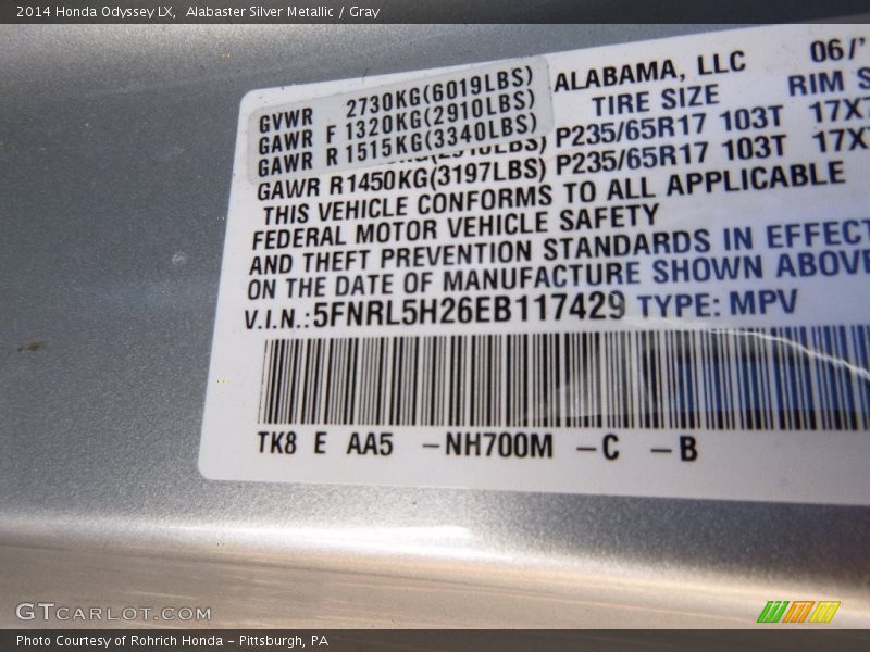 Alabaster Silver Metallic / Gray 2014 Honda Odyssey LX