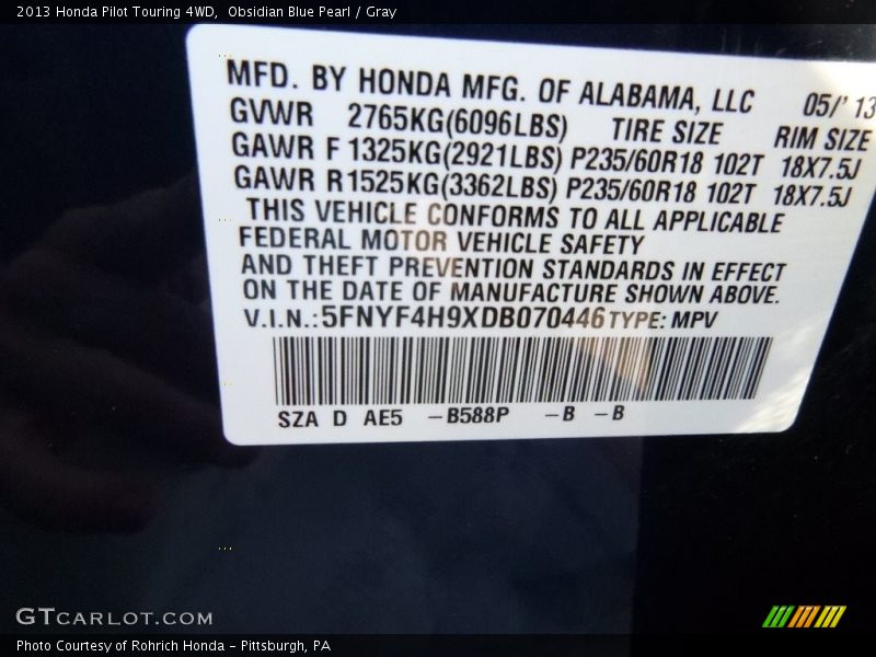 Obsidian Blue Pearl / Gray 2013 Honda Pilot Touring 4WD
