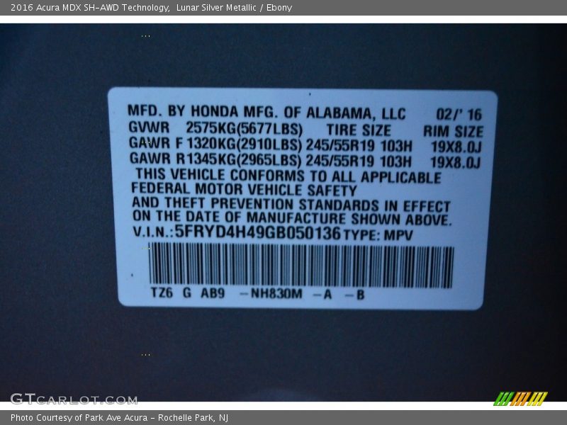 Lunar Silver Metallic / Ebony 2016 Acura MDX SH-AWD Technology
