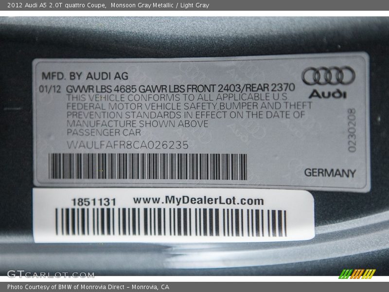 Monsoon Gray Metallic / Light Gray 2012 Audi A5 2.0T quattro Coupe