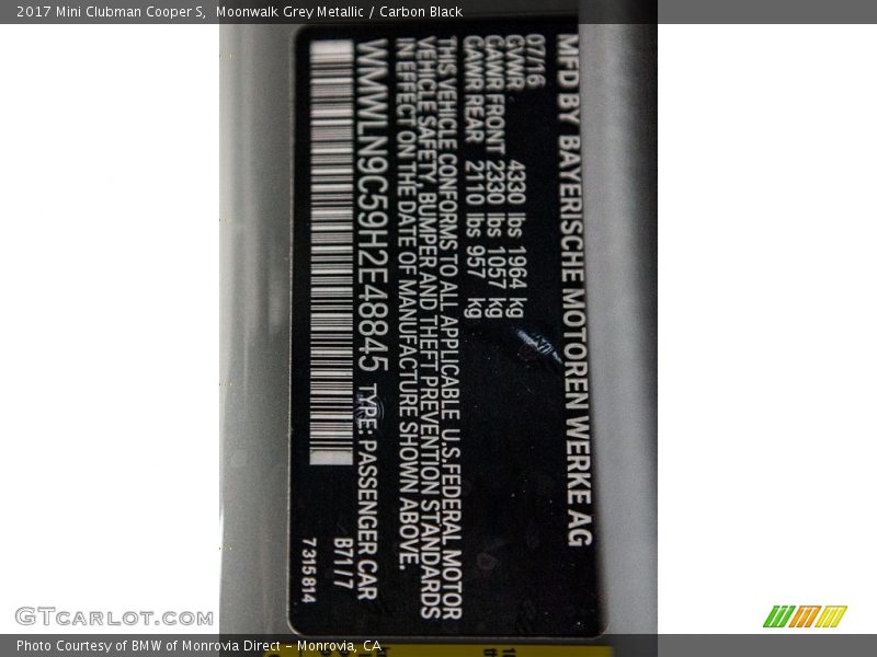 Moonwalk Grey Metallic / Carbon Black 2017 Mini Clubman Cooper S