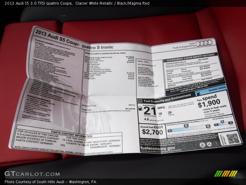 Glacier White Metallic / Black/Magma Red 2013 Audi S5 3.0 TFSI quattro Coupe