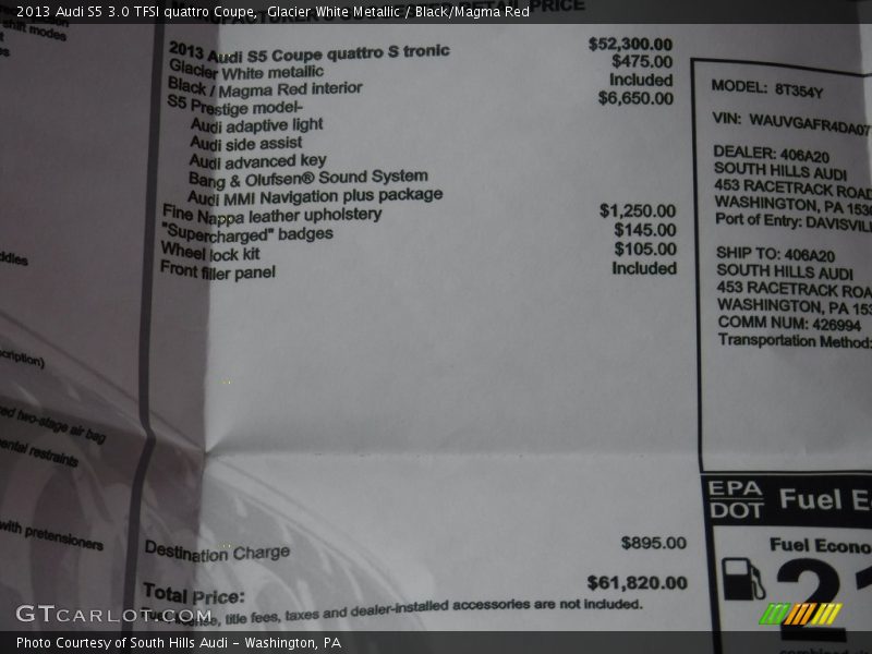 Glacier White Metallic / Black/Magma Red 2013 Audi S5 3.0 TFSI quattro Coupe