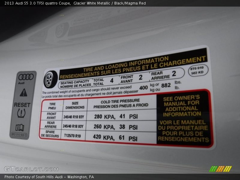 Glacier White Metallic / Black/Magma Red 2013 Audi S5 3.0 TFSI quattro Coupe
