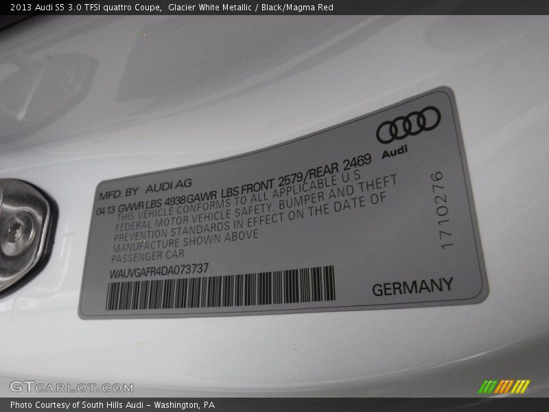 Glacier White Metallic / Black/Magma Red 2013 Audi S5 3.0 TFSI quattro Coupe