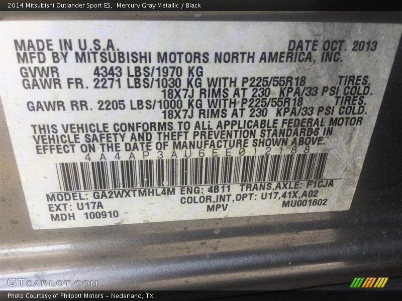 2014 Outlander Sport ES Mercury Gray Metallic Color Code U17