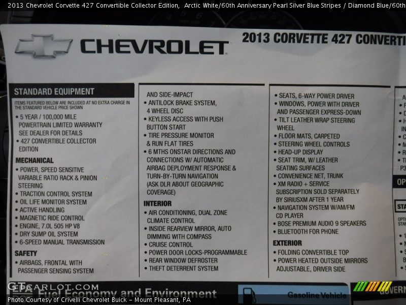  2013 Corvette 427 Convertible Collector Edition Window Sticker