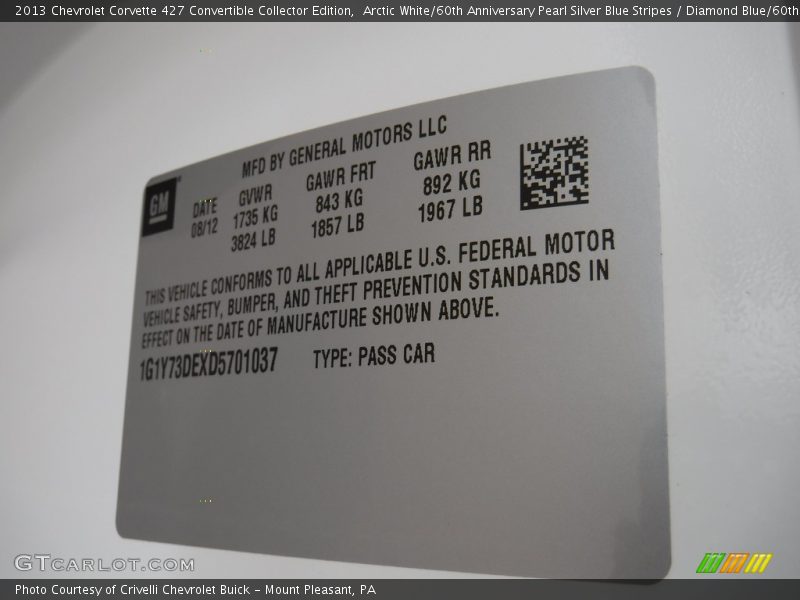 Arctic White/60th Anniversary Pearl Silver Blue Stripes / Diamond Blue/60th Anniversary Design Package 2013 Chevrolet Corvette 427 Convertible Collector Edition