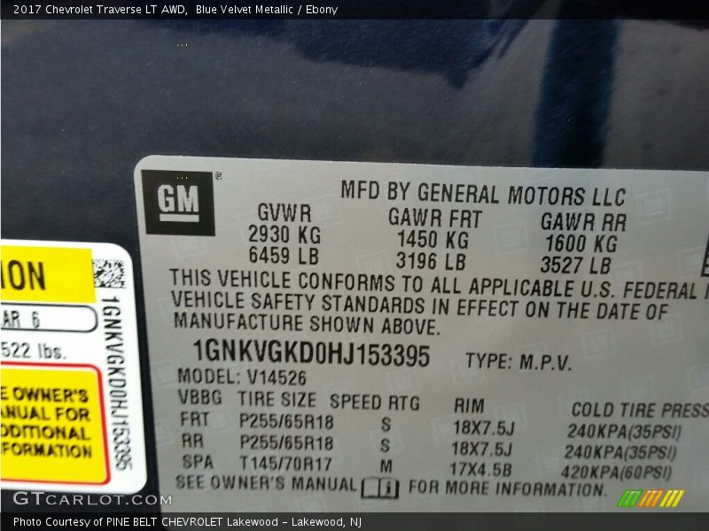 Blue Velvet Metallic / Ebony 2017 Chevrolet Traverse LT AWD