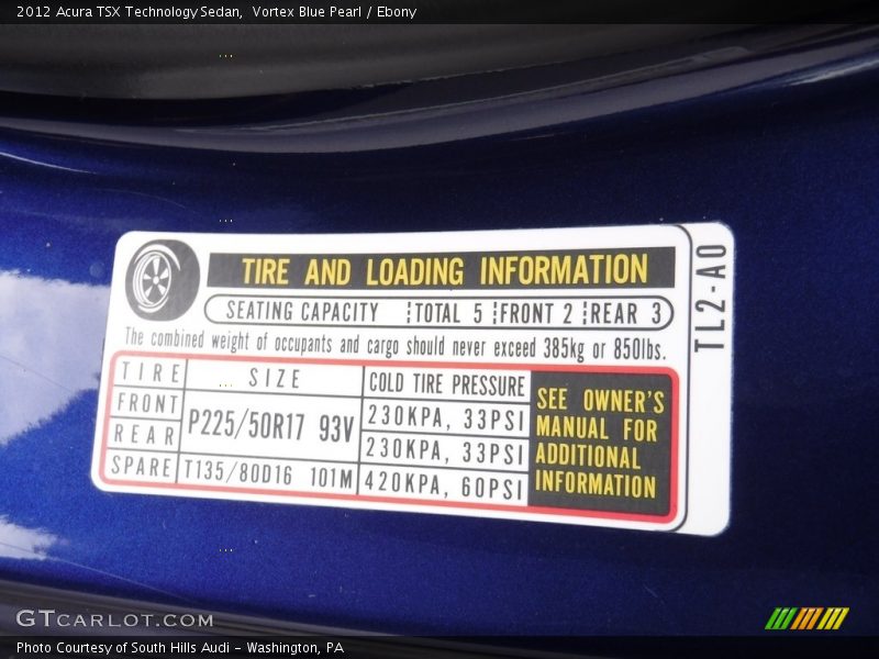 Info Tag of 2012 TSX Technology Sedan