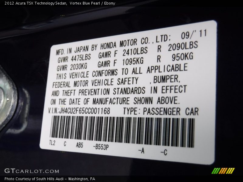2012 TSX Technology Sedan Vortex Blue Pearl Color Code B553P