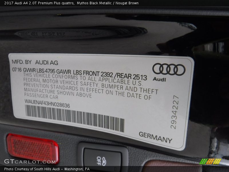 Mythos Black Metallic / Nougat Brown 2017 Audi A4 2.0T Premium Plus quattro