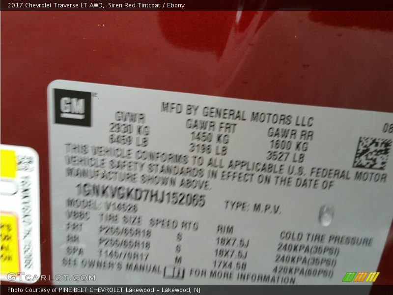Siren Red Tintcoat / Ebony 2017 Chevrolet Traverse LT AWD