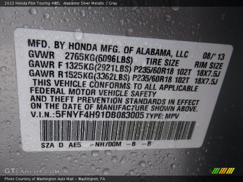 Alabaster Silver Metallic / Gray 2013 Honda Pilot Touring 4WD